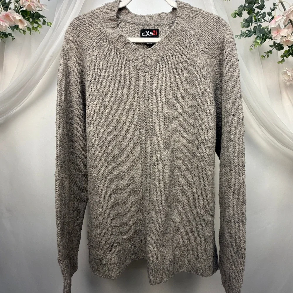 CXS2i Mens XL Gray Marl Wool Blend V-Neck Raglan Chunky Knit Sweater Pullover